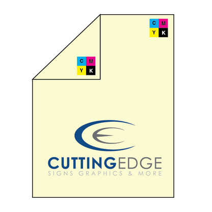 Sheet of paper with Cutting Edge logo and CMYK color model icons on a white background