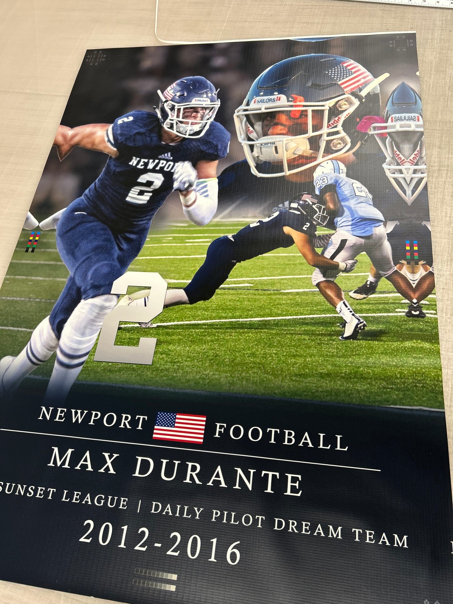 Poster of a football player in action with text about Max Durante's career.
