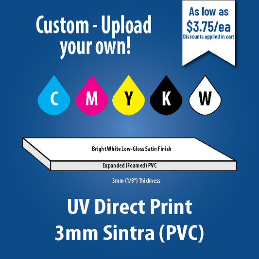 Advertisement for a custom UV direct print sign featuring a 3/16 inch thick ultraboard, with a smooth matte surface, showcasing vibrant, long-lasting prints. Includes text highlighting features such as durability, customization option, and weather-resistance.