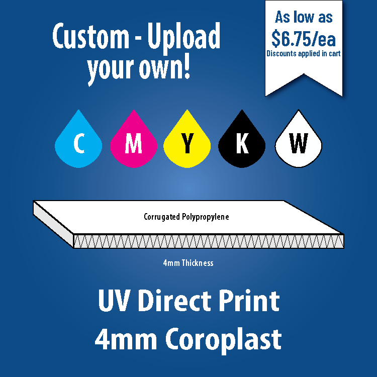 Advertisement for a Custom UV Direct Print Sign featuring a 4mm Coroplast thickness, with a blue background and including a graphic with CMYK colors indicating a custom print option.