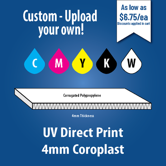 Advertisement for a Custom UV Direct Print Sign featuring a 4mm Coroplast thickness, with a blue background and including a graphic with CMYK colors indicating a custom print option.