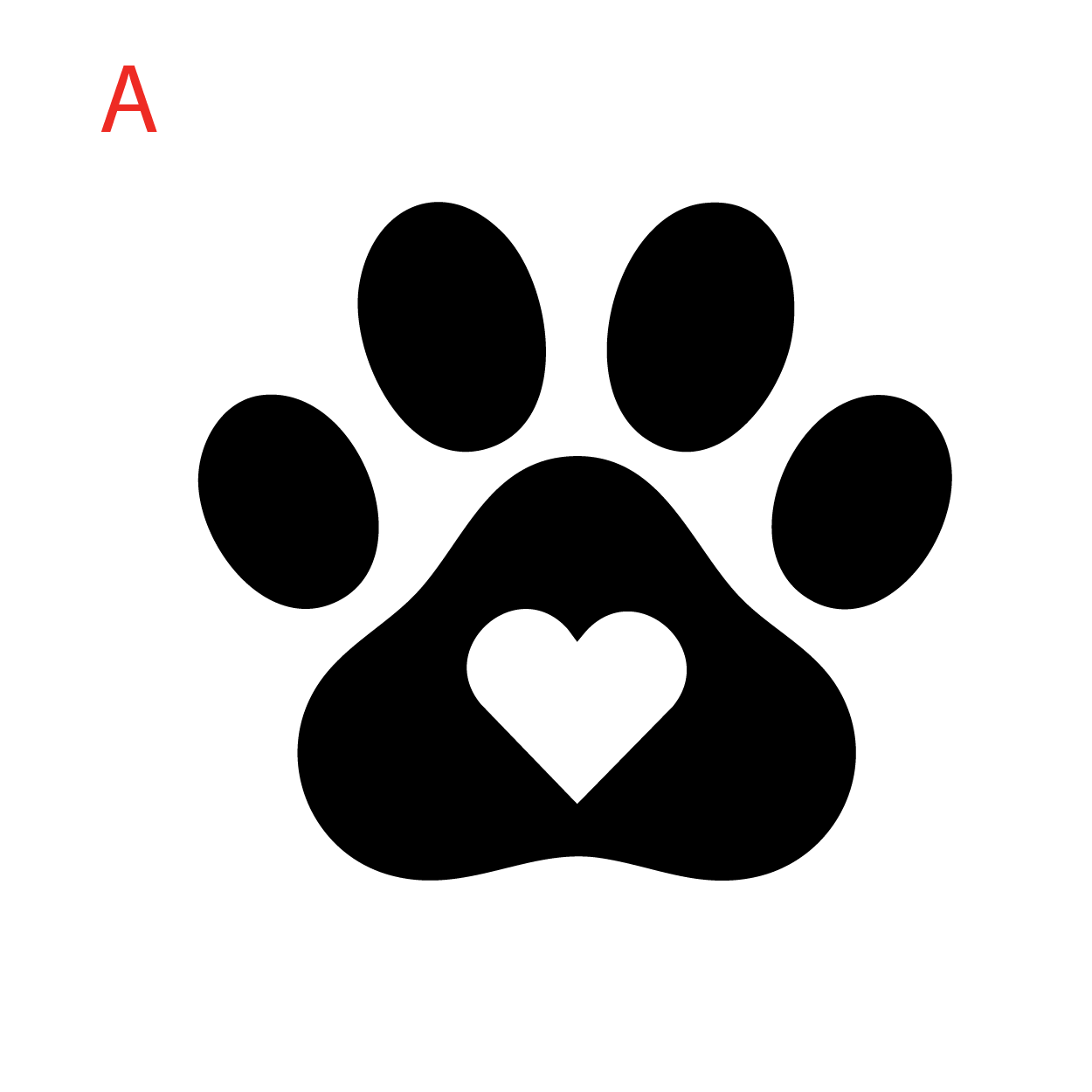 Black paw print with a white heart in the center on a white background