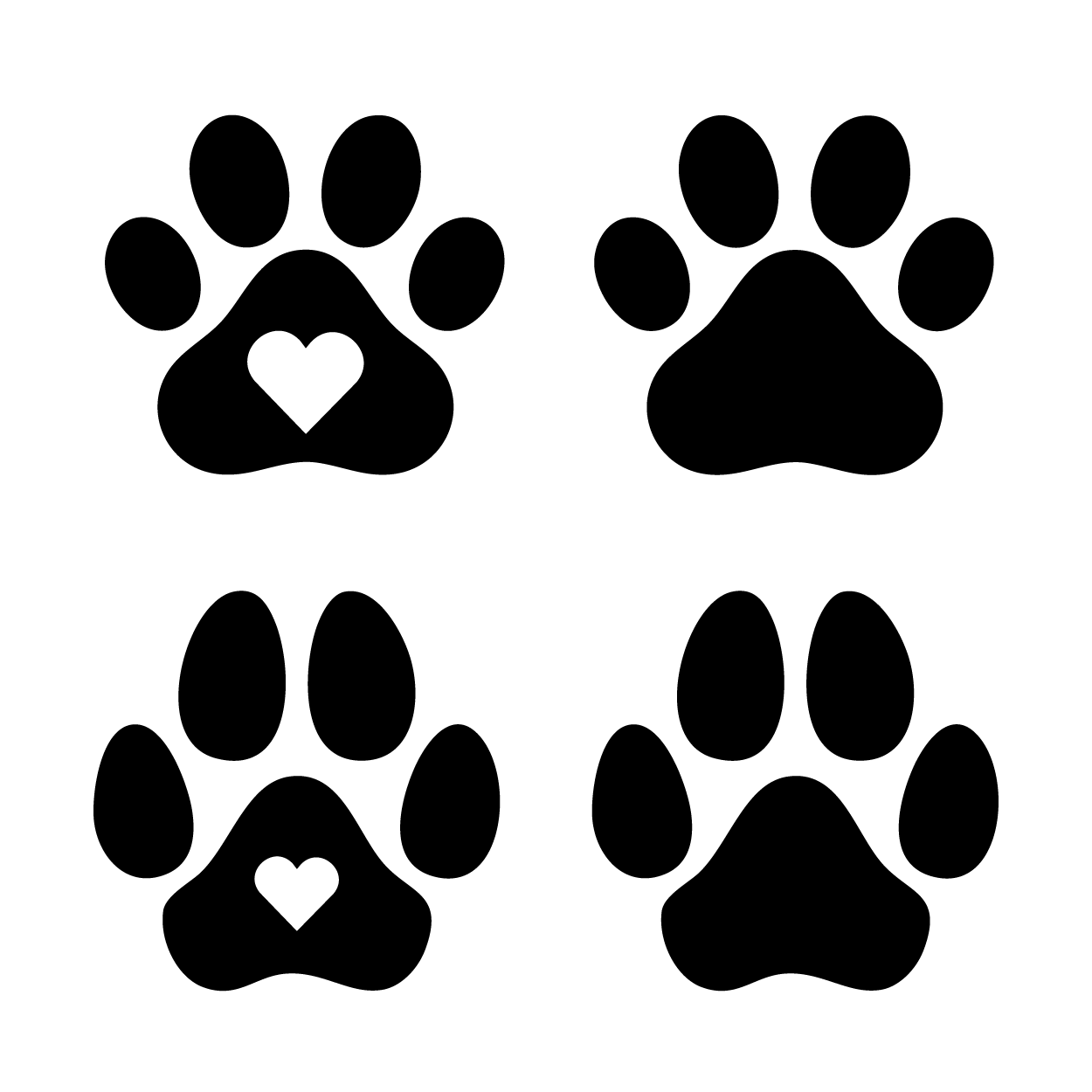 Four black paw prints with heart centers on a white background