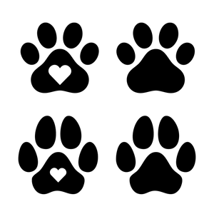 Four black paw prints with heart centers on a white background