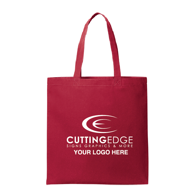 Red tote bag with 'Cutting Edge Signs Graphics & More' logo on a white background