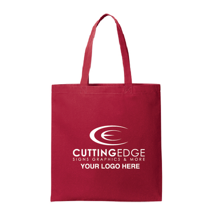Red tote bag with 'Cutting Edge Signs Graphics & More' logo on a white background