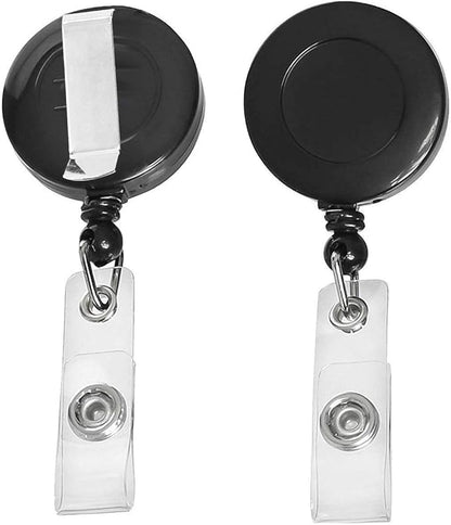 Two black badge holders with retractable strings on a white background