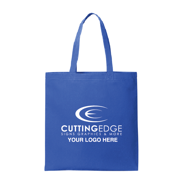 Blue tote bag with 'Cutting Edge Signs Graphics & More' logo on a white background