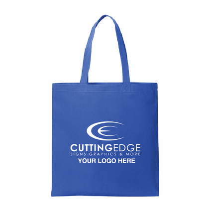 Blue tote bag with 'Cutting Edge Signs Graphics & More' logo on a white background