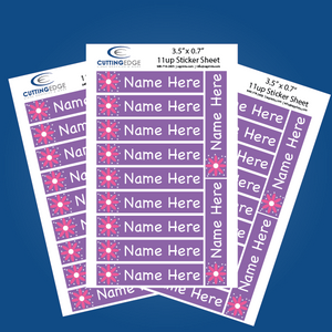 Sheets of personalized name labels with a purple and pink design on a blue background