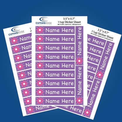 Sheets of personalized name labels with a purple and pink design on a blue background