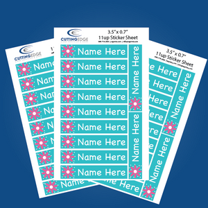 Sheet of personalized name labels with floral designs on a blue background