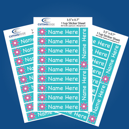 Sheet of personalized name labels with floral designs on a blue background