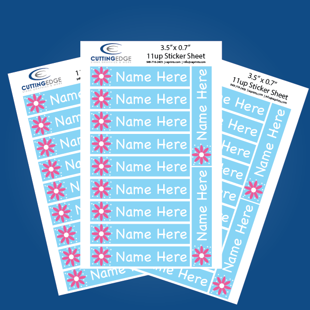 Sheet of personalized stickers with floral design and 'Name Here' text on a blue background