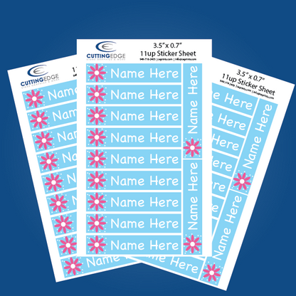 Sheet of personalized stickers with floral design and 'Name Here' text on a blue background
