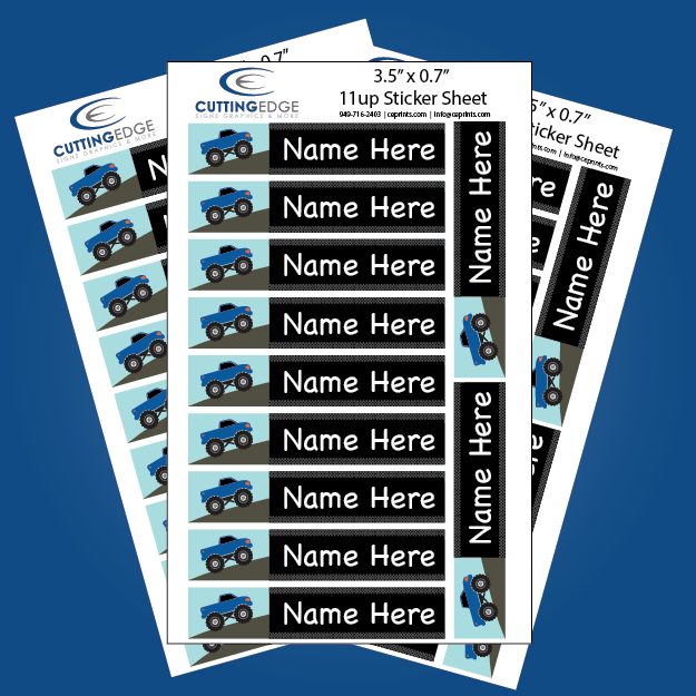 Sheet of name labels with blue trucks and 'Name Here' text on a blue background