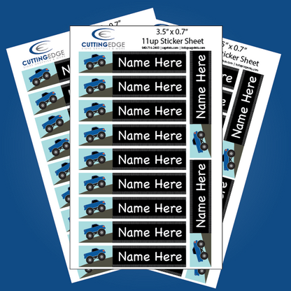 Sheet of name labels with blue trucks and 'Name Here' text on a blue background