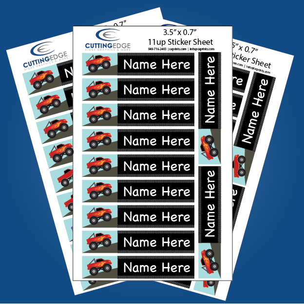 Sheet of personalized name labels with a vehicle design on a blue background