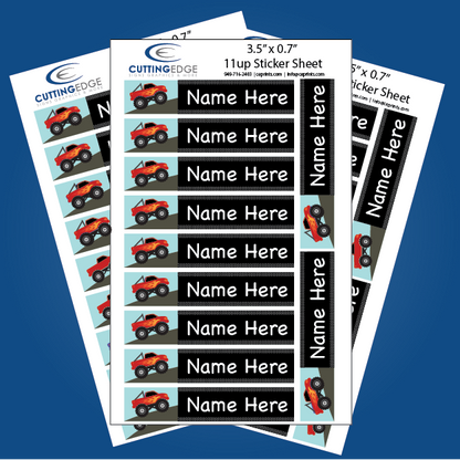 Sheet of personalized name labels with a vehicle design on a blue background