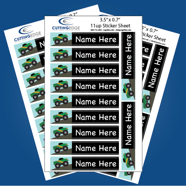 Sheet of personalized name labels with green trucks on a blue background