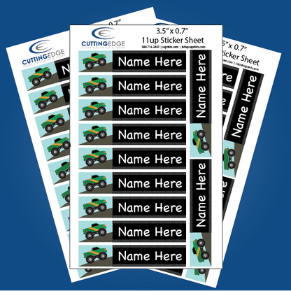 Sheet of personalized name labels with green trucks on a blue background