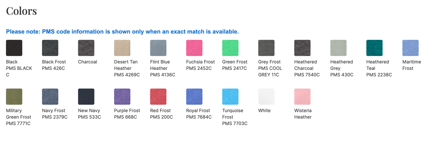 Color swatch chart with various color codes and names