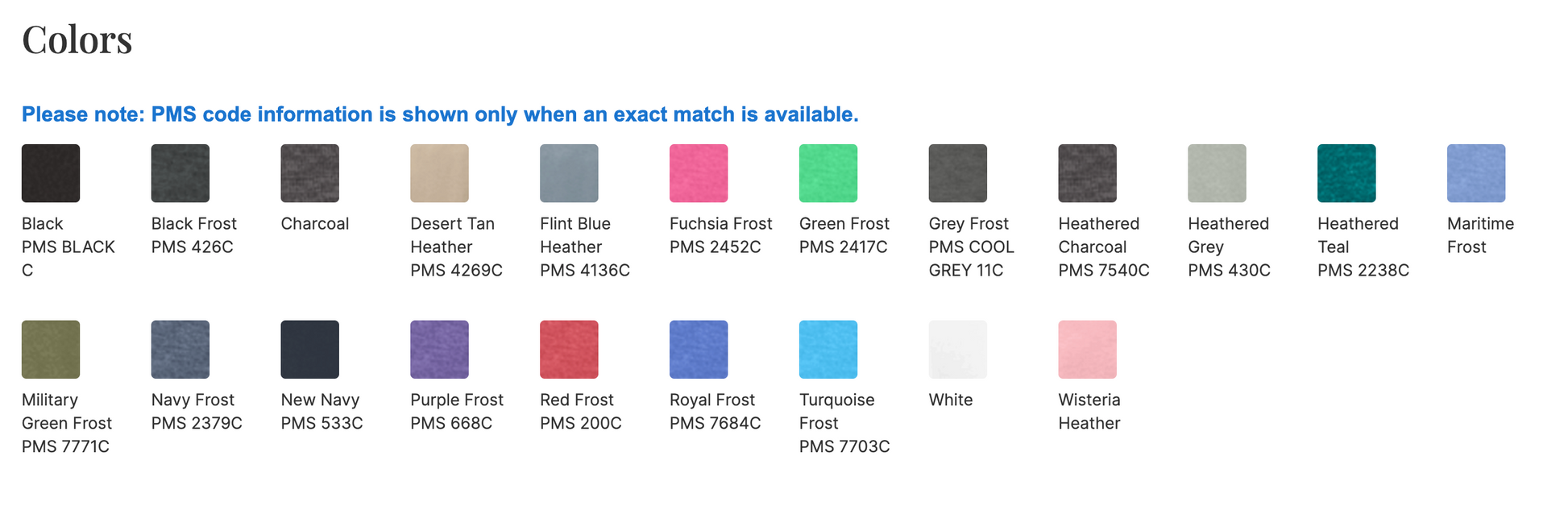 Color swatch chart with various color codes and names