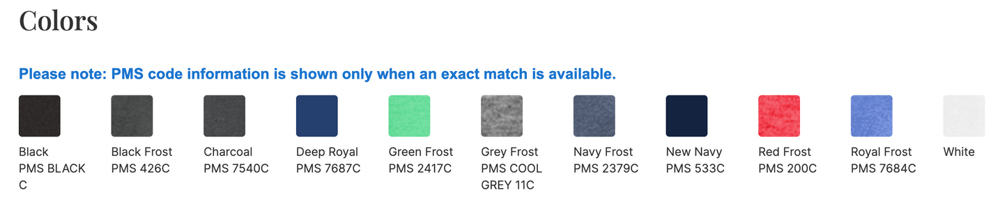 Color swatch chart with PMS color codes for various shades.