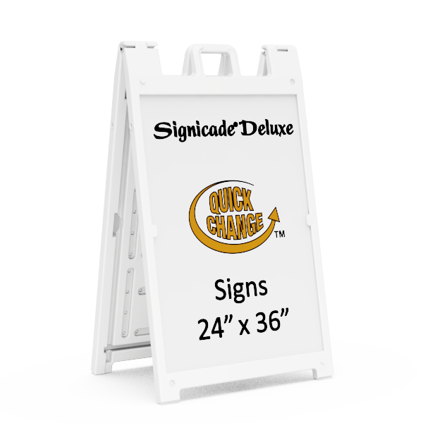 Signicade Deluxe white A-frame, a premium and durable display solution ideal for outdoor signage, promotions, or events. Weather-resistant and easy to set up, featuring a sleek, professional design for high-visibility messaging with added stability.