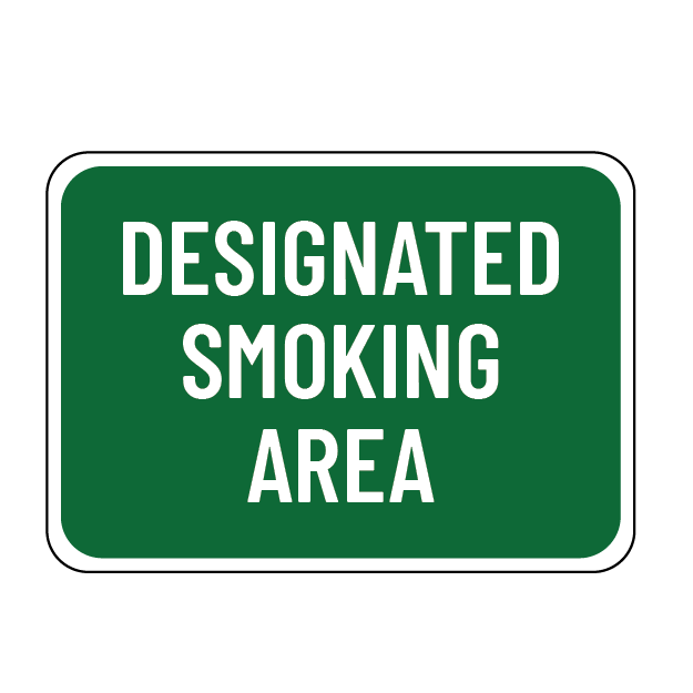 Green sign with 'Designated Smoking Area' text on a white background