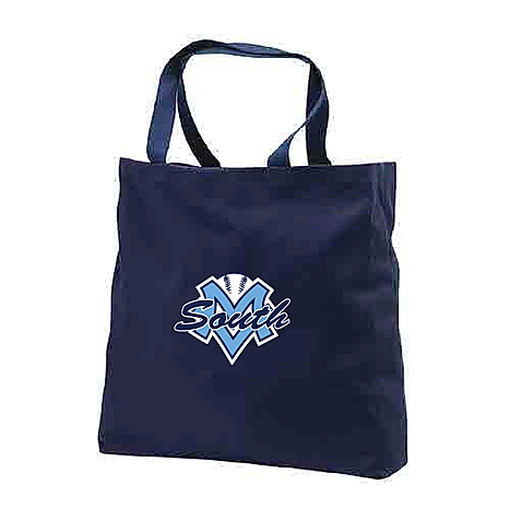 A navy-colored convention tote bag with a logo imprint on the front.
