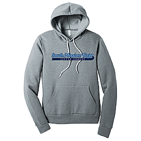 Adult gray sponge fleece pullover hoodie with 'South Mountain High School' text on the front in a lighter gray or blue color.