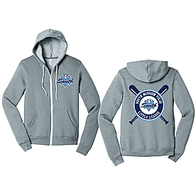 Adult gray full-zip hoodie with a logo on the front and back.