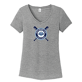 A gray frost colored women's V-neck t-shirt with a logo and text imprint on the front.