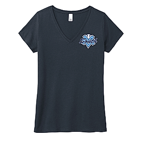 Navy blue V-neck t-shirt with a logo on the chest.