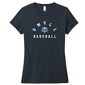 Navy blue women's t-shirt with 'SMVLL BASEBALL' arch design on the front.