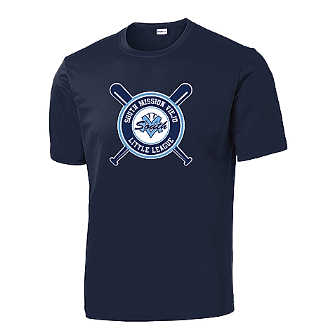 Navy blue crew neck t-shirt with a central logo depicting two crossed baseball bats and text.