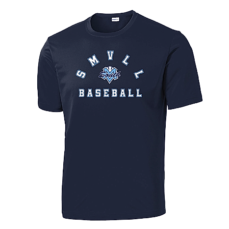 Navy blue youth short-sleeved T-shirt with 'SMVLL BASEBALL' arched logo in blue and white.