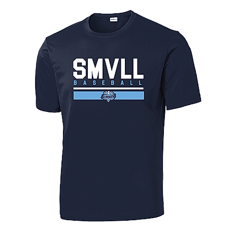 Navy blue youth crewneck t-shirt with 'SMVLL BASEBALL' text and logo on the front.