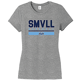 A gray women's short-sleeved T-shirt with 'SMVLL' block text logo on the front.