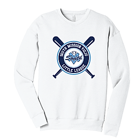 A white youth crewneck sweatshirt with a blue and black circular logo in the center featuring text and baseball bats.