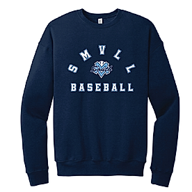 Navy blue youth crewneck sweatshirt with 'SMVLL BASEBALL' arched logo on the front.
