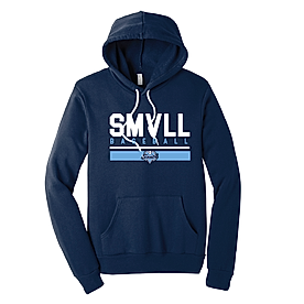 Navy blue adult sponge fleece pullover hoodie with 'SMVLL' block logo on the front.
