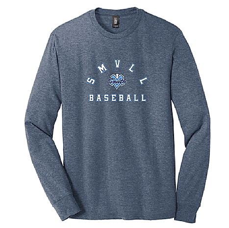 Youth long sleeve navy frost t-shirt with 'SMVLL BASEBALL' arched design on the front.