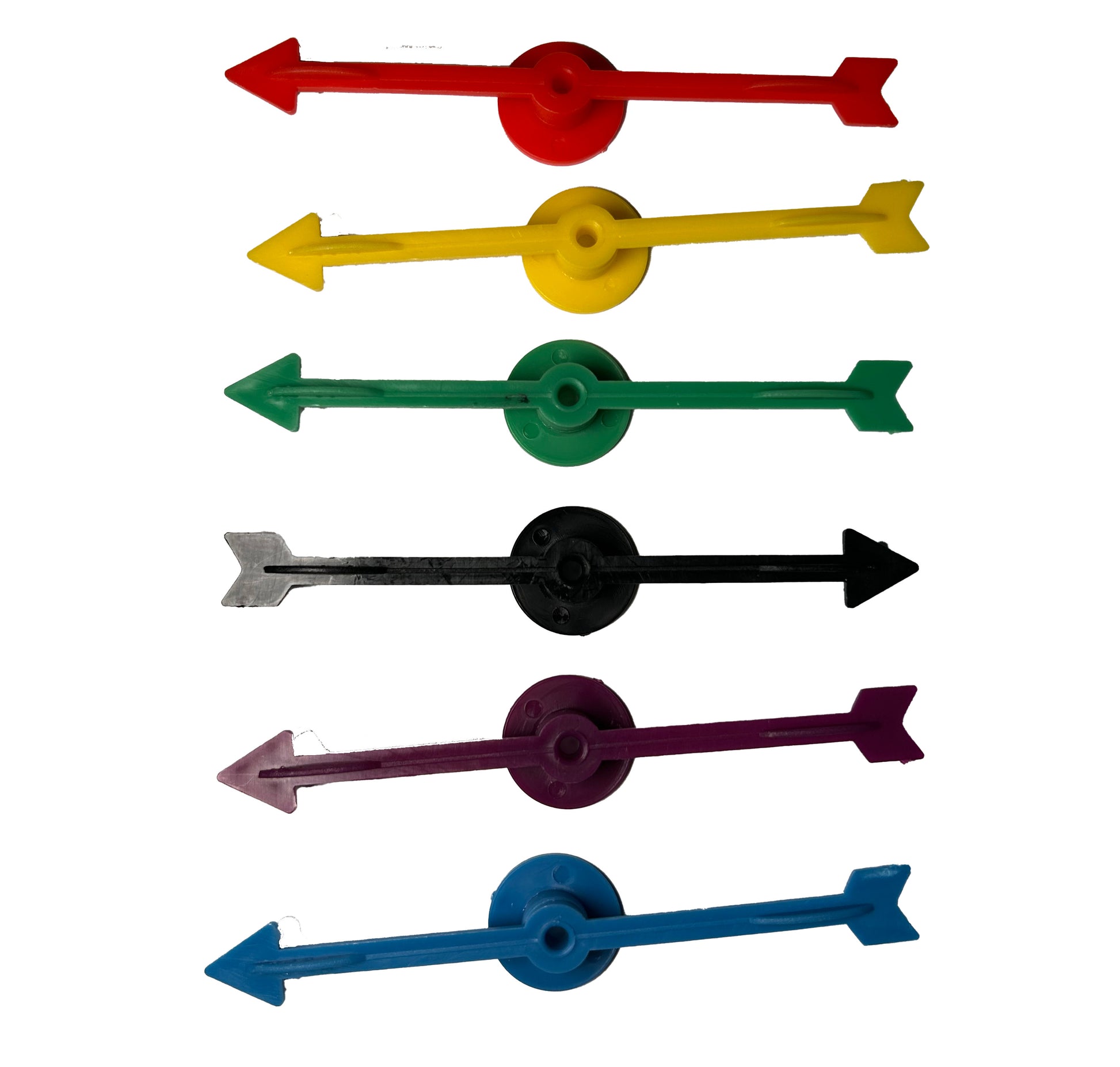 A collection of colorful plastic arrow spinners with a circular base, designed for use in board games and tabletop RPGs.