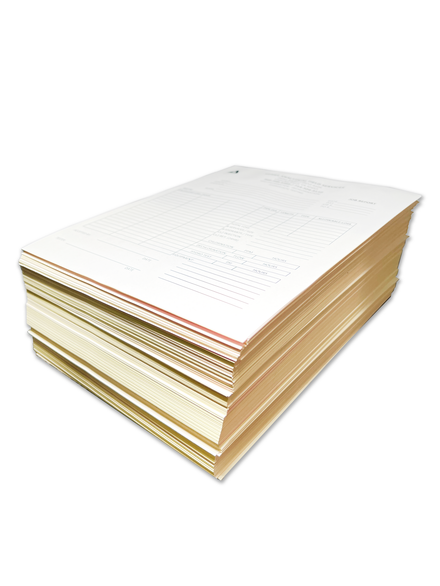 Stack of custom-printed NCR (No Carbon Required) duplicate forms, designed for easy and efficient record-keeping. These high-quality forms allow for seamless duplication of information, making them ideal for businesses, invoices, order forms, or service documentation. Perfect for companies needing reliable, professional solutions for multi-copy document needs.