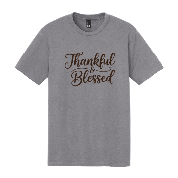 Gray t-shirt with 'Thankful & Blessed' text on a white background