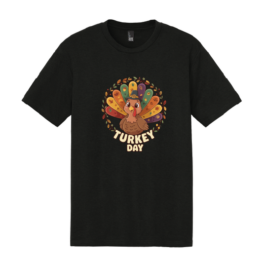 Black t-shirt with a colorful turkey graphic and 'Turkey Day' text on a white background