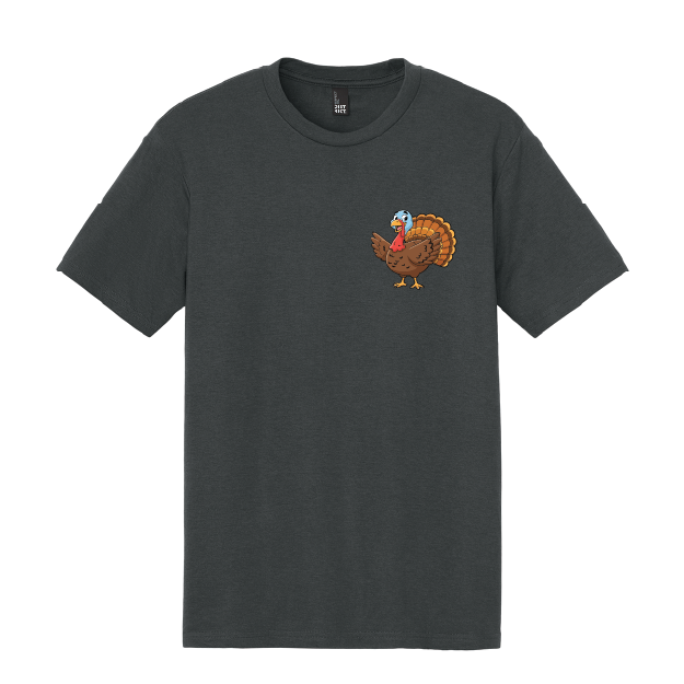 Black t-shirt with a colorful turkey design on a white background