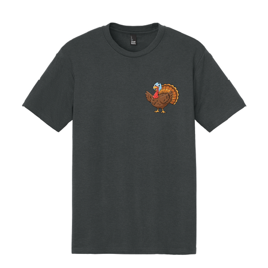 Black t-shirt with a colorful turkey design on a white background